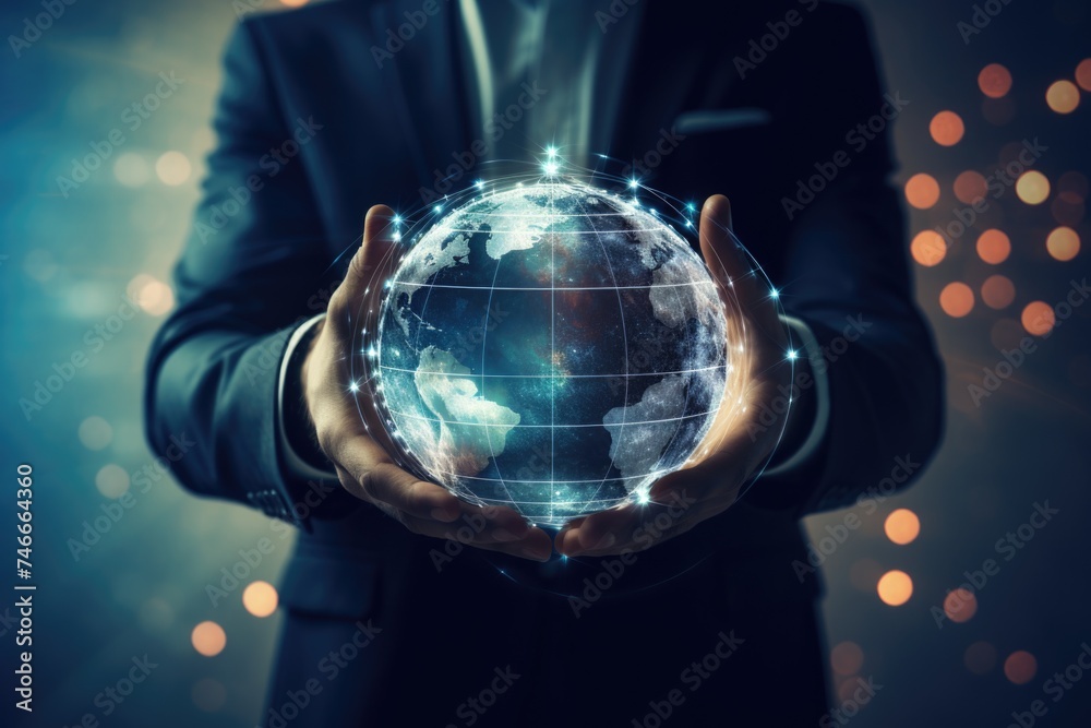 Poster a man in a suit holding a glowing globe. suitable for business and technology concepts