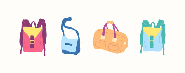 Cartoon Color Different Type Clothes Male Bags Set Concept Flat Design Style. Vector illustration of Sport Backpack and Travel Bag