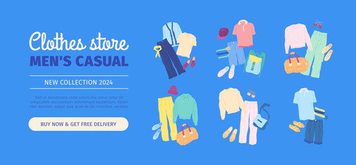 Cartoon Color Clothes Store Male Casual Collection Banner Card Shopping Concept Flat Design Style. Vector illustration