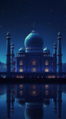 Fototapeta na wymiar a mosque is illuminated with stars at night sky with blue glow background
