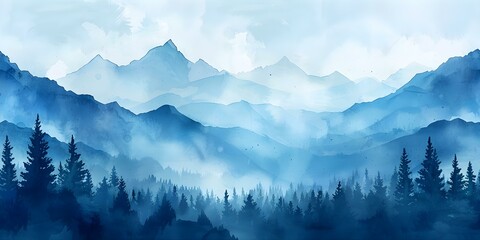 Watercolor illustration of misty mountains hills and trees against a blue sky seamless background seamless background. Concept Watercolor Illustration, Misty Mountains, Hills, Trees, Blue Sky