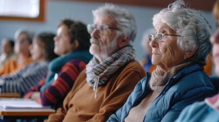 Group of older people sitting in a classroom, suitable for educational concepts - obrazy, fototapety, plakaty