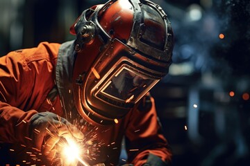A man in a welding helmet working on metal. Suitable for industrial concepts