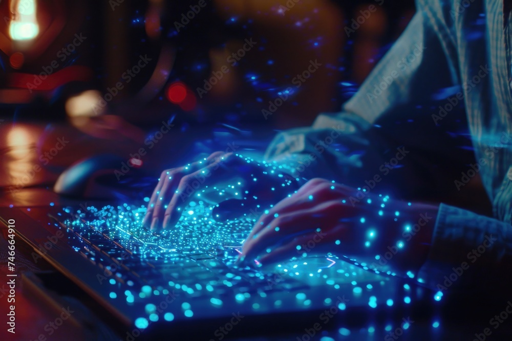 Poster close up of a person typing on a laptop, suitable for technology concepts