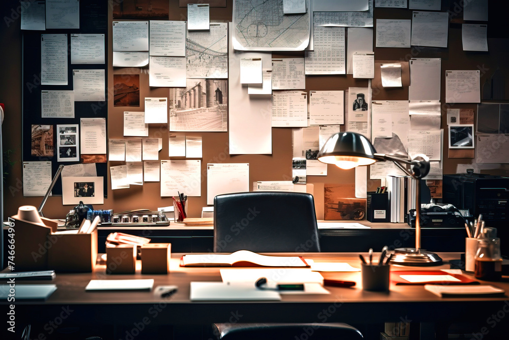 Wall mural desk of detective with evidence board in office, police crime investigation