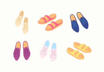 Cartoon Color Different Type Clothes Male Shoes Set Concept Flat Design Style. Vector illustration of Casual Sneakers or Sandals