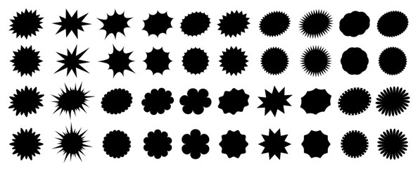Obrazy na Plexi  Black starburst sale price seals, stickers and labels for callout and splash, vector star rosettes. Oval and sunburst, stamp and tag badge silhouettes for price promotion labels or sale discount promo