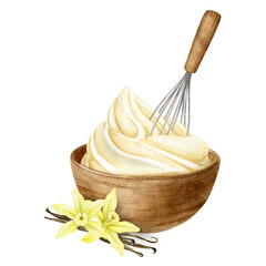 Preparation of cream for desserts. Sweet cream. Whipped cream, vanilla, whisk. Isolated Watercolor illustration of Baking ingredients. Clipart for recipe book, food blog, design of label,packaging