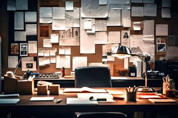 Desk of detective with evidence board in office, police crime investigation