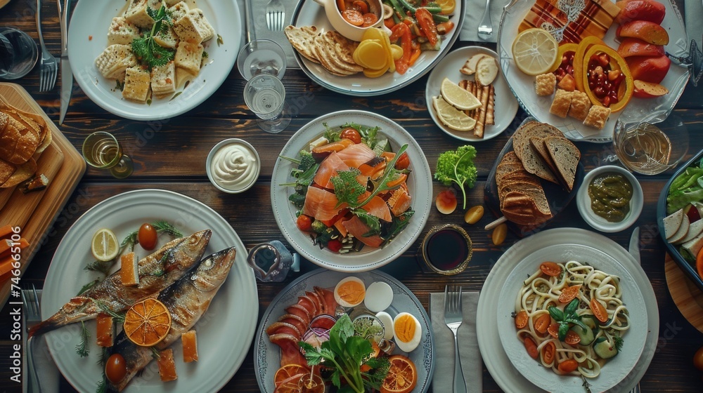Poster a table set with various plates of food and silverware, suitable for dining scenes