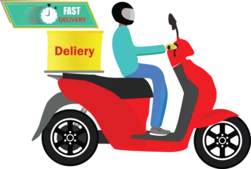 Foto op Plexiglas Delivery vehicle with Man, Delivery man with red scooter, Delivery person riding, Food delivery © vedpku
