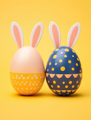 Easter eggs cute bunny on yellow background. Funny decoration. Happy Easter, close up