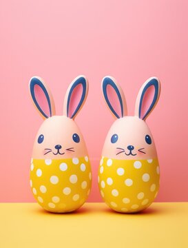 Easter eggs cute bunny on pink background. Funny decoration. Happy Easter, close up