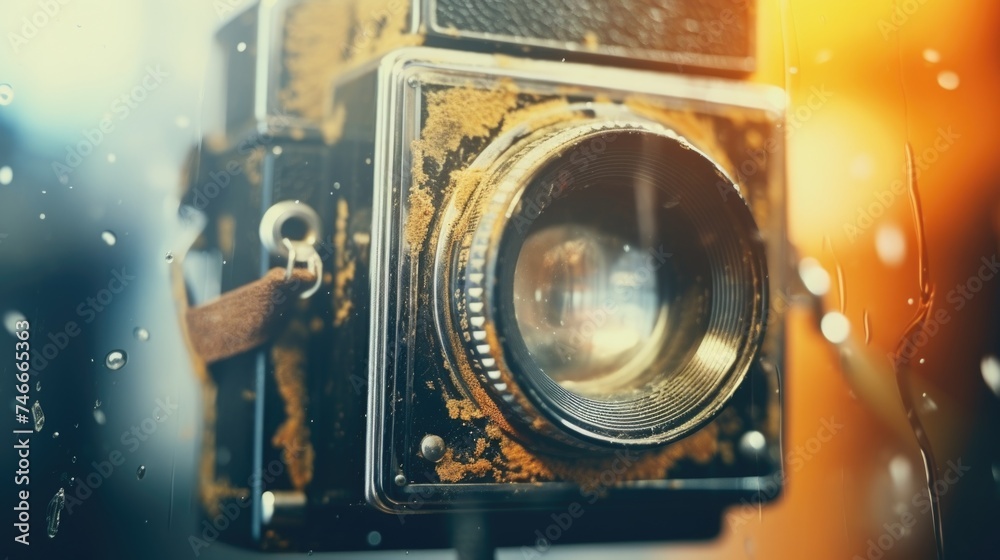 Poster detailed shot of a camera with blurred backdrop, ideal for technology concepts