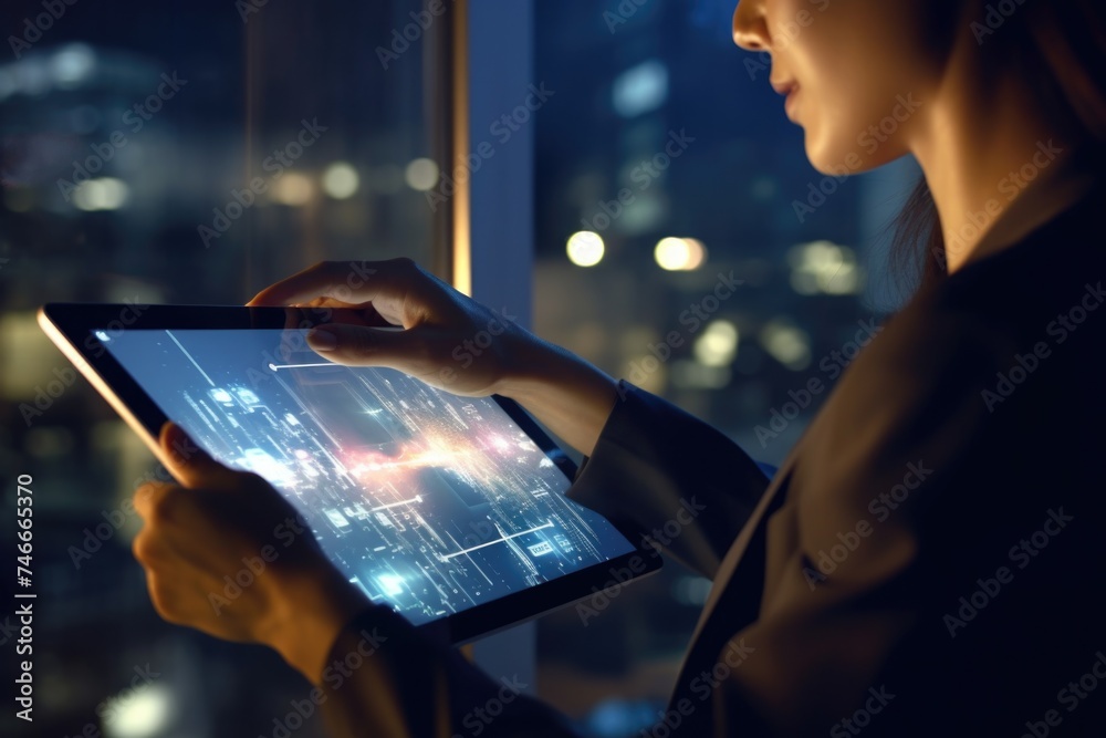 Aufkleber woman holding a tablet computer in front of a window. suitable for technology concepts