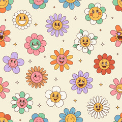 Retro hippie groovy daisy sunflower happy flowers pattern, features vibrant hues, swirling petals, and a whimsical blooms with funny cartoon faces, evoking cheerful vintage vibe and playful nostalgia - 746665357