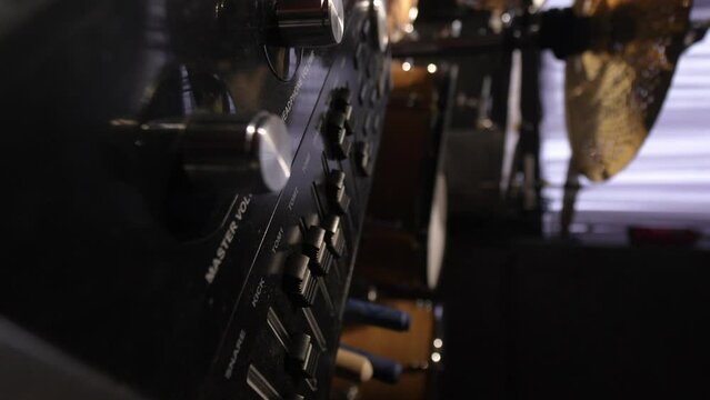 Mixer control. Music engineer. Backstage controls on audio mixer, Sound mixer. Professional audio mixing console with lights, buttons, faders and sliders. sound check for concert. vertical video