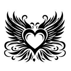Cartoon Black and White Isolated Illustration Vector Of A Decorated Love Heart with Angel Wings