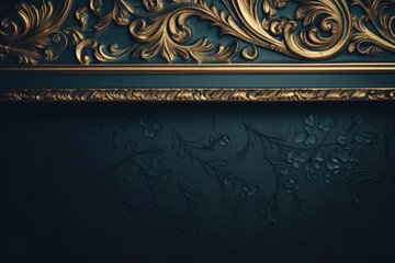 A gold frame hanging on a dark blue wall. Ideal for interior design projects