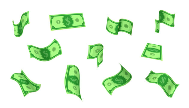 Flying cartoon dollar banknotes or cash money bills, vector paper currency. Floating green banknotes with dollar sign for jackpot win, finance banking or investment, rich life and money success