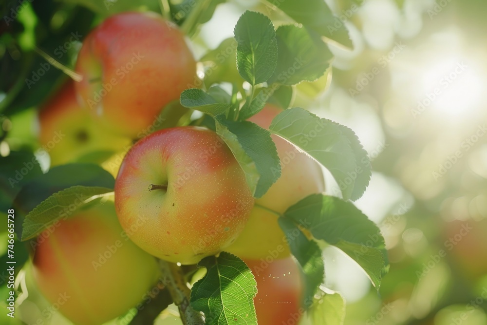 Poster close up of apples on a tree, perfect for food and agriculture concepts