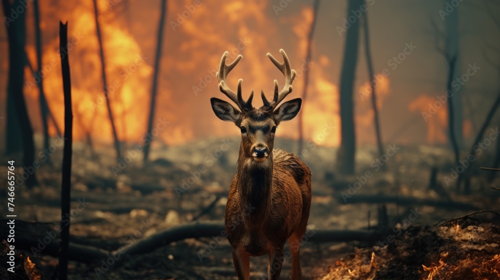 Poster a deer standing in front of a raging forest fire. suitable for environmental or climate change conce