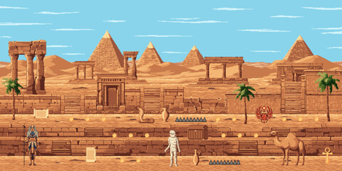 8bit pixel art arcade game level map with ancient Egypt pyramids and mummy, vector background. Palms and cobra snake, stair platforms and manuscripts with Ancient Egypt temples for 8 bit arcade game - obrazy, fototapety, plakaty