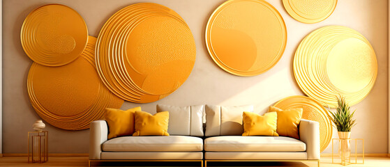 A living room with a Amberlighted couch and yellow circles on the wall