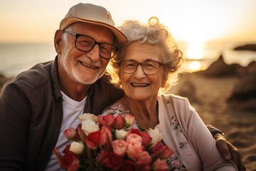 Elderly stylish gray-haired couple in love holding a bouquet of pink flowers, smiling and hugging near the beach on a cold day - Powered by Adobe