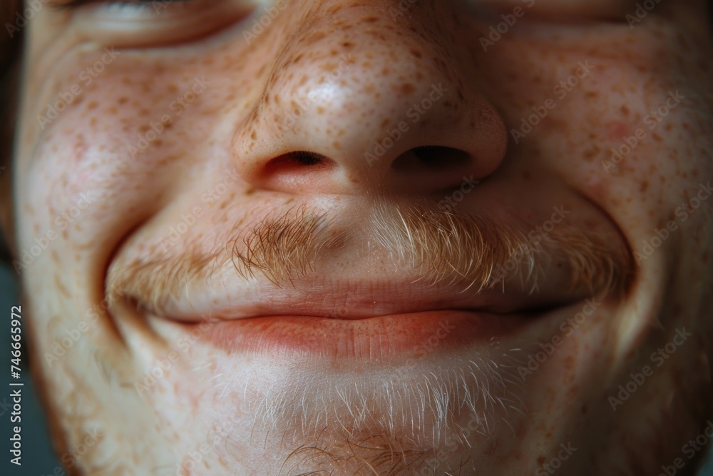 Aufkleber A detailed shot of a man's face with a distinctive mustache. Suitable for various projects and designs