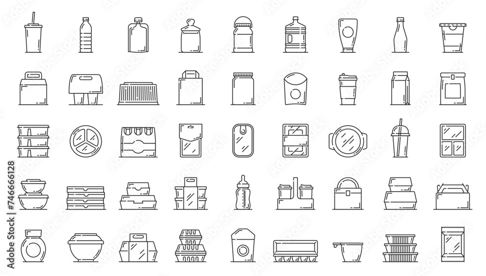 Wall mural plastic food containers and package icons. fast food meal and drinks delivery disposable containers 