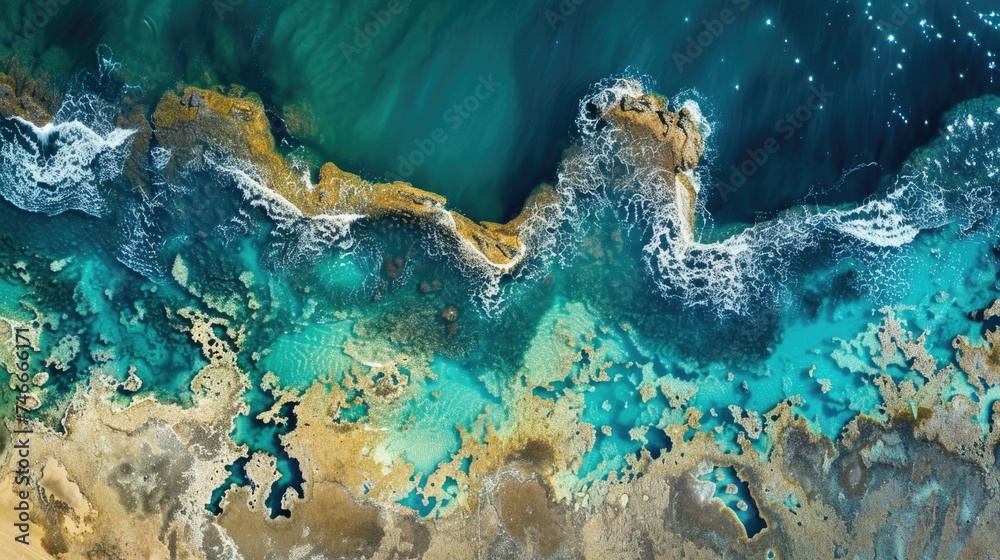 Poster an aerial view of a body of water, suitable for various design projects