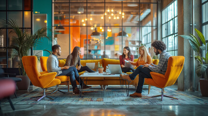 A diverse group of colleagues collaborating in a bright, modern office space, brainstorming ideas and working together