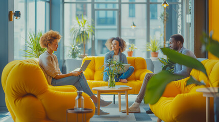 A diverse group of colleagues collaborating in a bright, modern office space, brainstorming ideas and working together