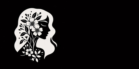 Beautiful girl with flowers on a black background with copy space.