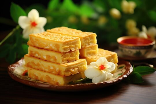 Chinese cookies. Thick waffles. Asian sweets. Biscuit dessert. square moon cake. Tet holiday