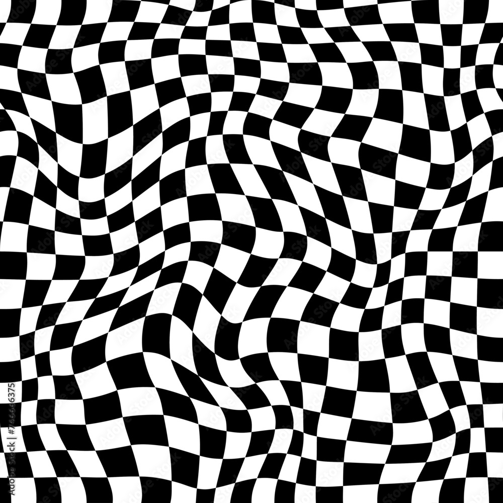 Leinwandbilder wavy checker pattern with optical illusion, trippy checkerboard vector background. back white square