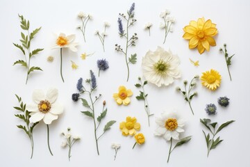 Beautiful arrangement of various flowers on a white background. Perfect for floral design projects