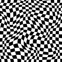 Wavy checker pattern with optical illusion, trippy checkerboard vector background. Back white squares chessboard in swirl or spiral twist distortion for psychedelic and hypnotic visual effect pattern