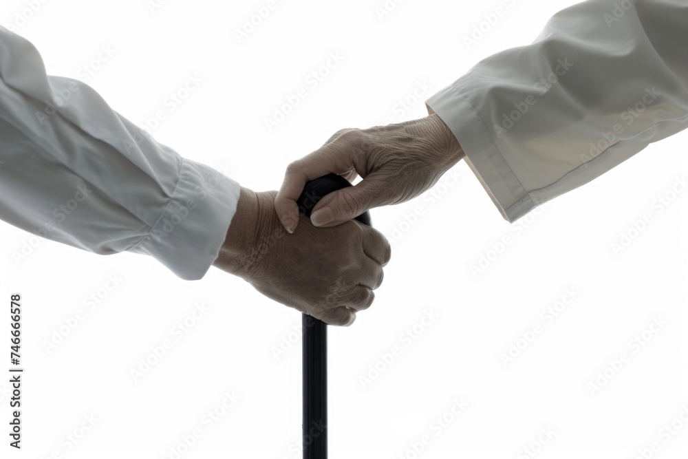 Poster two men holding hands with a cane. suitable for diversity and friendship concepts