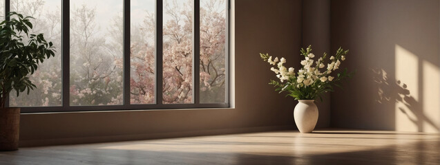 Soft studio scene. Beige background for presenting products. Window shadows, flowers, leaves. Customizable D environment. 