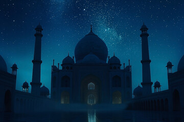 a mosque is illuminated with stars at night sky with blue glow background