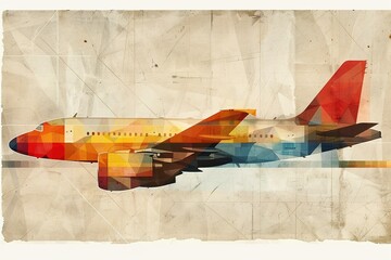 Abstract modern illustration collage with a side view of an abstract colorful geometrical airplane on old wrinkled paper background