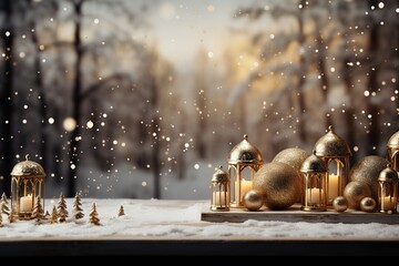 a snowy christmas background with gold decorations, in the style of light installations, light yellow and dark white, light-filled