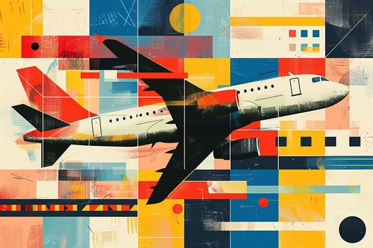 Abstract modern illustration collage with a side view of an abstract airplane on a modern background made of square color patterns