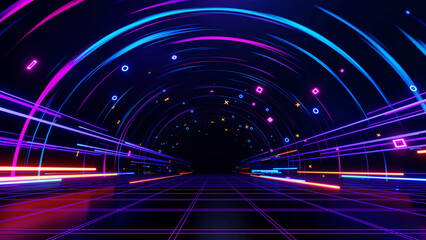 Futuristic technology neon light background, empty space with reflection light on floor scene, internet data network connection, abstract virtual reality, 3D render.