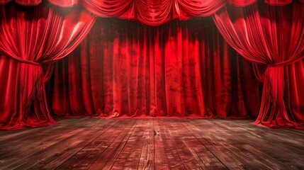 red theatre curtain stage background with wooden floor