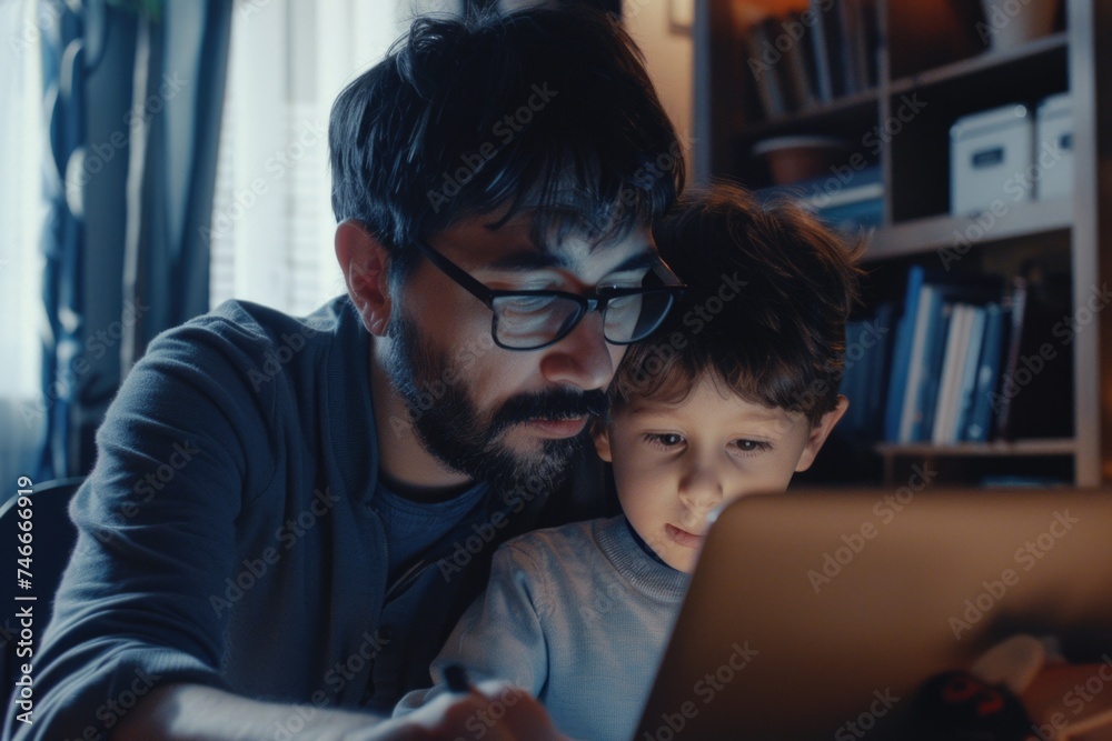 Poster a man and a child looking at a laptop. suitable for technology concepts