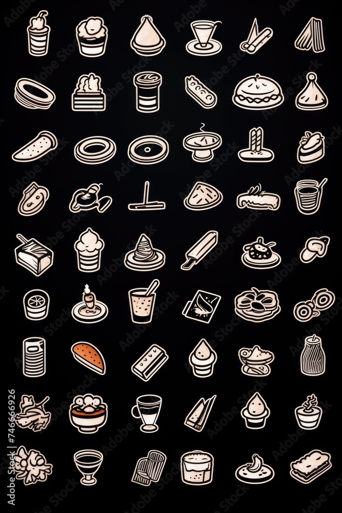 Poster collection of various food icons on a black background. ideal for menu designs or food-related proje