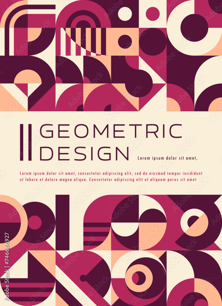 Poster beige, maroon, purple and pink modern abstract geometric poster, vector bauhaus pattern. book or mag